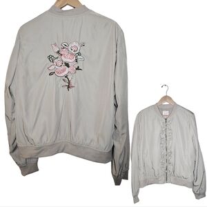 Candie's Ruffled Floral Embroidered Bomber Jacket Size Extra Large